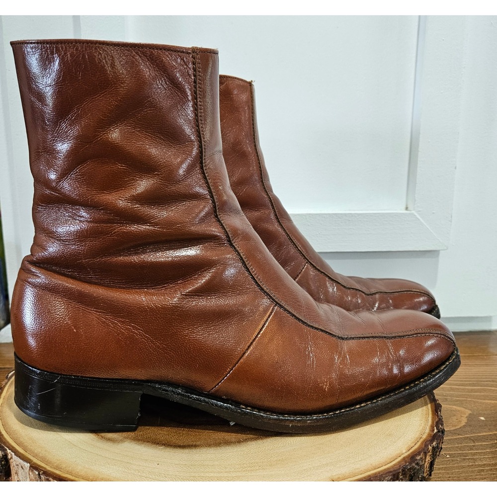 VTG 70S Disco Beatle Boots Florsheim Imperial Cognac Leather Side Zip Boots 8.5E